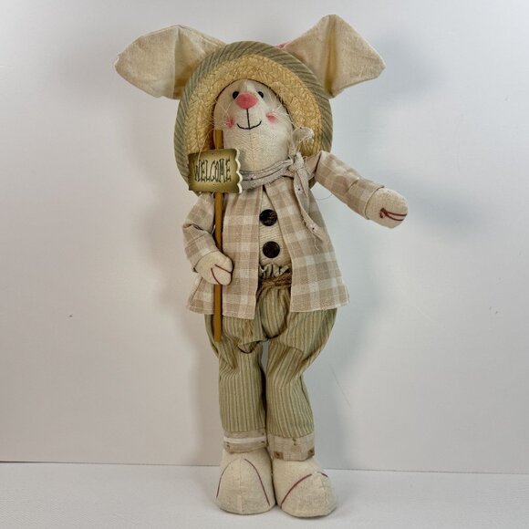 Handmade Fabric Bunny Doll Straw Hat Welcome Sign Standing 20" Spring Rustic - Picture 1 of 10